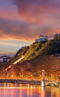 view of saone river in lyon city at evening