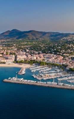 aerial view of sainte maxime harbour in french riviera (south of france)